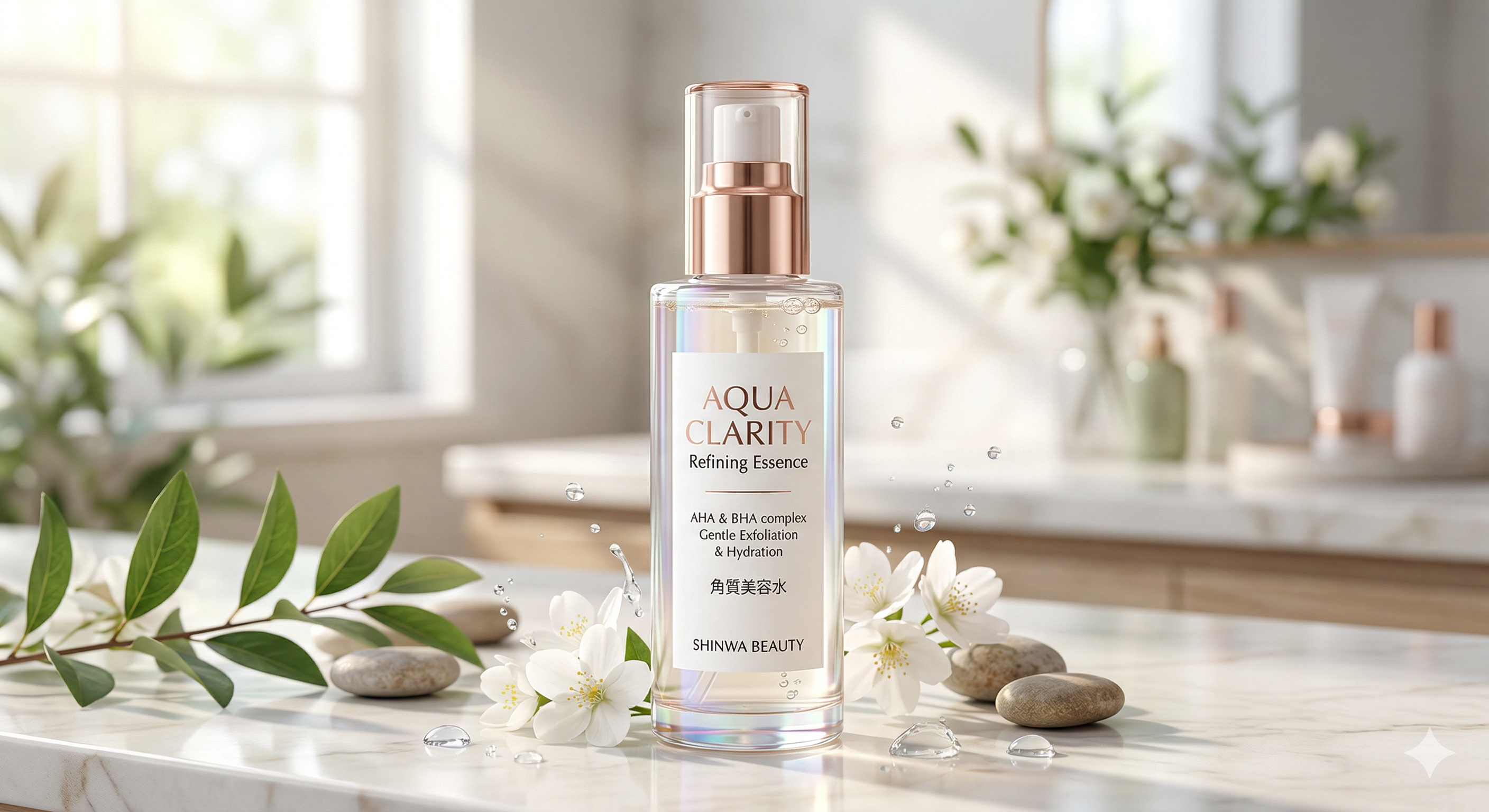 透明感のあるツヤ肌の女性とタカミスキンピールのボトル